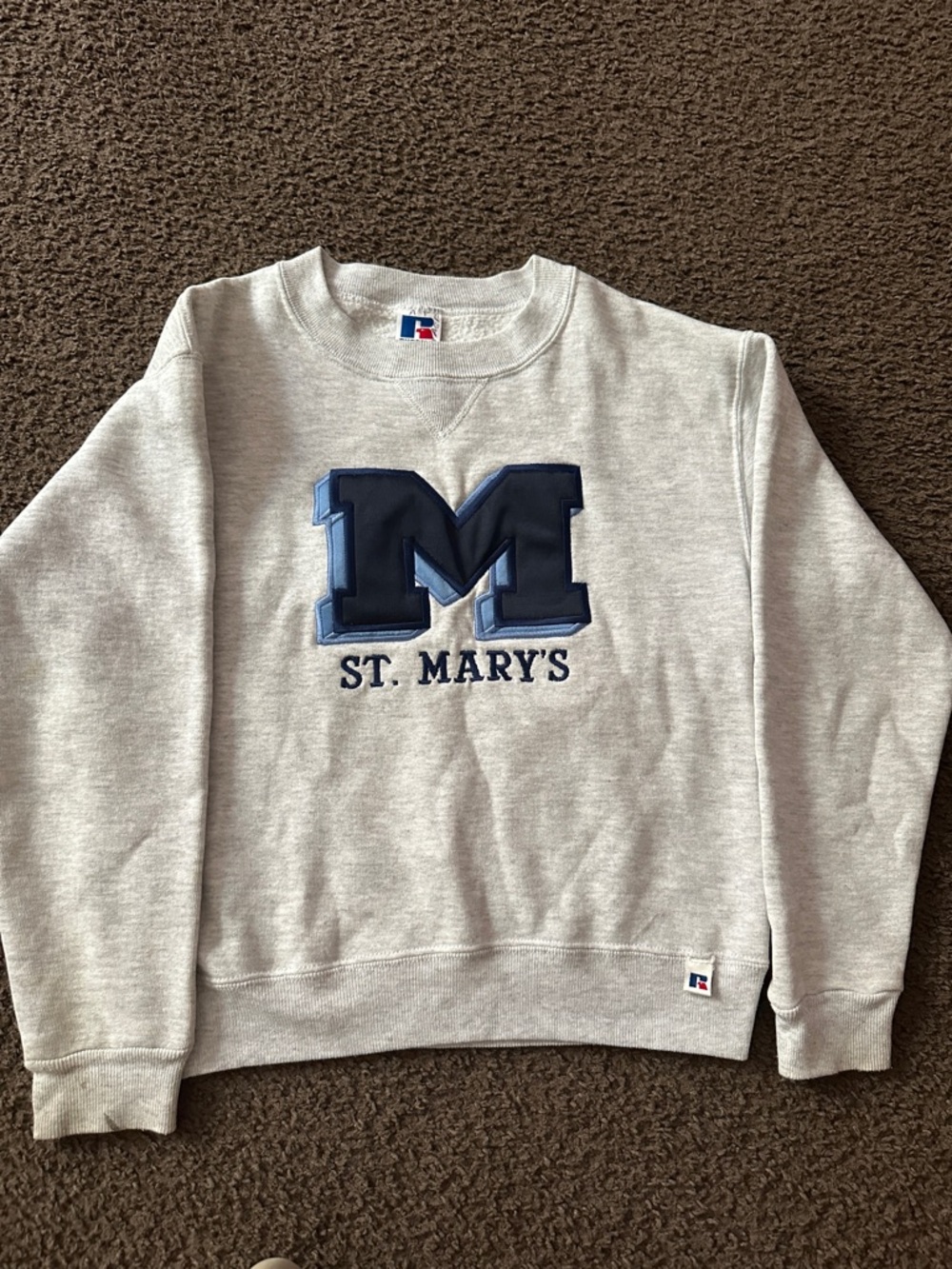 Vintage Russell Athletic St. Mary's Gray Crewneck Sweatshirt with Navy 'M'